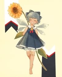 Rule 34 | 1girl, arms behind back, bandaid, bandaid on knee, bandaid on leg, barefoot, blue bow, blue dress, blue hair, bow, cirno, detached wings, dress, closed eyes, facing viewer, flower, full body, grin, hair bow, ice, ice wings, short hair, sleeveless, sleeveless dress, smile, solo, sunflower, tan, tanline, tanned cirno, touhou, wings, yellow background, yujup