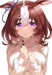 Rule 34 | 1girl, :&lt;, @ @, ahoge, animal ears, blue ribbon, blush, bow, breasts, brown hair, closed mouth, crying, crying with eyes open, ear ribbon, hair between eyes, hairband, highres, horse ears, kiki-yu, large breasts, long hair, long sleeves, looking at viewer, meisho doto (umamusume), multicolored hair, pink hairband, purple eyes, purple ribbon, ribbed sweater, ribbon, simple background, solo, sweater, tears, turtleneck, turtleneck sweater, two-tone hair, umamusume, upper body, white background, white hair