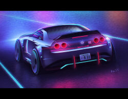 Rule 34 | artist name, car, highres, kai55, letterboxed, license plate, motor vehicle, nissan, nissan skyline, nissan skyline gt-r, nissan skyline r33, no humans, original, road, science fiction, shadow, sports car, vehicle focus