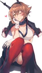 Rule 34 | 1girl, ass, black capelet, blush, breasts, brown hair, capelet, cleavage, gloves, green eyes, headgear, heart, highres, kantai collection, kasumi (skchkko), large breasts, looking at viewer, mutsu (kancolle), mutsu kai ni (kancolle), one eye closed, panties, red thighhighs, short hair, simple background, solo, thighhighs, underwear, white background, white gloves, white panties