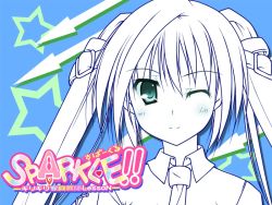 Rule 34 | 1girl, aqua eyes, blue background, blush, buckle, green eyes, long hair, monochrome, necktie, one eye closed, smile, solo, sparkle!!, spot color, t-ray, twintails, wallpaper, wink