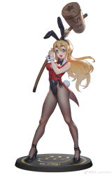 Rule 34 | 1girl, :d, a wu, absurdres, animal ears, arm up, bare shoulders, black bow, black bowtie, black footwear, black leotard, blonde hair, blue eyes, bow, bowtie, breasts, buttons, cleavage, covered navel, cropped jacket, detached collar, fake animal ears, fake tail, figure stand, fishnet pantyhose, fishnets, floating hair, from side, full body, hair between eyes, hammer, hand up, high heels, highleg, highleg leotard, highres, holding, holding hammer, jacket, k-on!, kotobuki tsumugi, legs apart, leotard, leotard under clothes, long hair, looking at viewer, open mouth, pantyhose, playboy bunny, rabbit ears, rabbit tail, red jacket, simple background, sleeveless, sleeveless jacket, smile, solo, standing, star-shaped pupils, star (symbol), strapless, strapless leotard, symbol-shaped pupils, tail, thick eyebrows, weibo logo, weibo watermark, white background, wrist cuffs