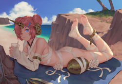Rule 34 | 1girl, bandaged arm, bandaged leg, bandages, barefoot, beach, beach towel, bigrbear, blue eyes, blue sky, bubble tea, cloud, cup, day, detached sleeves, disposable cup, double bun, drinking straw, fate/grand order, fate (series), feet, frankenstein&#039;s monster (fate), frankenstein&#039;s monster (swimsuit saber) (fate), frankenstein&#039;s monster (swimsuit saber) (third ascension) (fate), hair bun, hair ornament, hair over one eye, hairclip, heterochromia, highres, holding, holding cup, horns, legs up, lying, mechanical horns, ocean, on stomach, outdoors, palm tree, pink hair, single detached sleeve, single horn, sky, sleeves past wrists, soles, solo, the pose, toes, towel, tree, water, yellow eyes