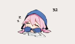 Rule 34 | 1girl, arknights, blue jacket, blue poison (arknights), chibi, closed eyes, closed mouth, commentary, cropped torso, hair between eyes, hood, hood up, hooded jacket, invisible table, jacket, long hair, long sleeves, low twintails, paper, pink hair, ruri (dailybloopy), simple background, sleeping, solo, twintails, upper body, white background, zzz