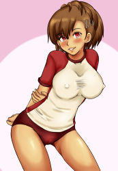 Rule 34 | 1girl, atlus, bad id, bad pixiv id, blush, breasts, brown hair, cameltoe, covered erect nipples, gym uniform, impossible clothes, impossible shirt, large breasts, momo 765, persona, persona 3, persona 3 portable, red eyes, rirakukan, shiomi kotone, shirt, solo, taut clothes, taut shirt