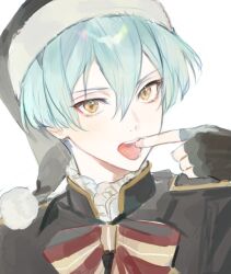 Rule 34 | 1boy, black gloves, black jacket, blue hair, bow, bowtie, collared jacket, finger in own mouth, fingerless gloves, gloves, hair between eyes, hat, head tilt, hime cut, idolish7, isumi haruka, jacket, kuzuvine, light blue hair, light blush, looking at viewer, male focus, parted lips, portrait, saliva, santa hat, short hair, simple background, solo, teeth, tongue, upper teeth only, yellow eyes