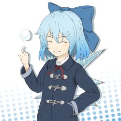 Rule 34 | 1girl, ^ ^, cirno, coat, contemporary, closed eyes, grin, hand in pocket, highres, kawashina (momen silicon), smile, snowball, solo, toggles, touhou, winter clothes, winter coat