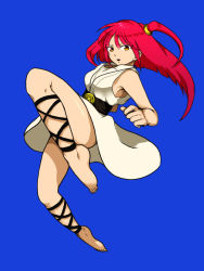 Rule 34 | 1girl, ankle lace-up, barefoot, cross-laced footwear, dress, feet, fighting stance, jewelry, magi the labyrinth of magic, morgiana, necklace, red hair, skirt, solo, white dress, white skirt