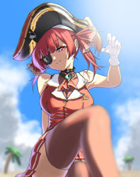 Rule 34 | 1girl, absurdres, bare shoulders, breasts, brown leotard, brown thighhighs, cleavage, cloud, eyepatch, gloves, hair ribbon, head tilt, highres, hololive, houshou marine, large breasts, leotard, long hair, looking at viewer, miniskirt, outdoors, pirate, pleated skirt, red eyes, red hair, red ribbon, red shirt, red skirt, ribbon, see-through, see-through cleavage, shirt, shooot108, sitting, skirt, sky, sleeveless, sleeveless shirt, smile, solo, thighhighs, twintails, virtual youtuber, white gloves