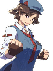 Rule 34 | 1girl, blue hat, blue shorts, blue vest, breasts, brown eyes, brown gloves, brown hair, buttons, cabbie hat, clenched hands, collared shirt, emblem, female focus, fingerless gloves, gloves, hat, highres, kazama asuka, large breasts, looking at viewer, namco, necktie, ooiwa (irc14786149), parted hair, patch, red necktie, school uniform, shirt, short hair, shorts, simple background, smile, solo, standing, sweater, tekken, tekken 8, tomboy, upper body, vest, white background, white shirt