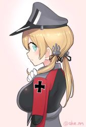 Rule 34 | 1girl, ahenn, aqua eyes, blonde hair, breasts, gloves, hair between eyes, hat, kantai collection, large breasts, long hair, long sleeves, looking at viewer, looking back, low twintails, military, military hat, military uniform, peaked cap, prinz eugen (kancolle), solo, twintails, twitter username, uniform, upper body, white gloves