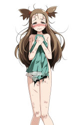 Rule 34 | 1girl, areola slip, bare arms, bare legs, bare shoulders, blush, breasts, brown eyes, brown hair, bruise, collarbone, covering body, covering privates, creatures (company), crying, crying with eyes open, cuts, dress, game freak, green dress, groin, injury, jasmine (pokemon), long hair, looking at viewer, messy hair, nintendo, pokemon, pokemon hgss, see-through, simple background, small breasts, solo, sweat, tears, torn clothes, torn dress, tsukishiro saika, twintails, white background