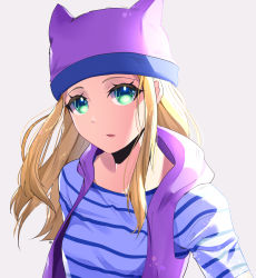 Rule 34 | 1girl, blonde hair, digimon, digimon frontier, green eyes, hat, highres, long hair, looking at viewer, open mouth, orimoto izumi, purple vest, shirt, solo, striped clothes, striped shirt, vest