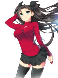 Rule 34 | 1girl, alternate breast size, black hair, black thighhighs, blue eyes, blush, breasts, fate/stay night, fate (series), hair ribbon, highres, koflif, large breasts, long hair, ribbon, simple background, skirt, smile, solo, thighhighs, tohsaka rin, two side up, white background, zettai ryouiki