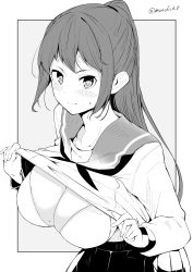 Rule 34 | 1girl, blush, bra, breasts, closed mouth, clothes lift, grey background, greyscale, kichihachi, large breasts, lifted by self, long hair, long sleeves, looking at viewer, monochrome, original, ponytail, sailor collar, school uniform, serafuku, shirt lift, simple background, skirt, smile, solo, sweatdrop, twitter username, two-tone background, underwear, white background