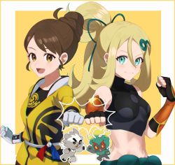 Rule 34 | 2girls, :d, bare shoulders, black gloves, black tank top, blonde hair, brown eyes, brown hair, clenched hand, closed mouth, creatures (company), fingerless gloves, game freak, gen 7 pokemon, gen 8 pokemon, gloria (pokemon), gloves, green eyes, hair between eyes, hair bun, hair ornament, jacket, korrina (pokemon), korrina (sygna suit) (pokemon), kubfu, legendary pokemon, long hair, looking at viewer, marshadow, marshadow (zenith), master dojo uniform, midriff, multiple girls, mythical pokemon, nintendo, official alternate costume, open mouth, outstretched arm, pokemon, pokemon (creature), pokemon masters ex, pokemon swsh, ponytail, sash, sleeveless, smile, tank top, upper body, white gloves, wooxxwoo, yellow jacket