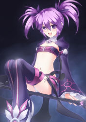 Rule 34 | 1girl, aisha landar, bandeau, boots, broom, broom riding, detached sleeves, elsword, flat chest, full body, hair between eyes, highres, midriff, miniskirt, navel, panties, pantyshot, purple eyes, purple footwear, purple hair, purple skirt, purple thighhighs, ricegnat, shirt, short hair, sidesaddle, sitting, skirt, smile, solo, staff, strapless, taut clothes, taut shirt, thighhighs, tube top, twintails, underwear, upskirt, void princess (elsword), white panties