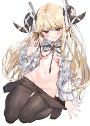 Rule 34 | 1girl, blonde hair, breasts, brown pantyhose, clothes pull, curled horns, groin, hair ribbon, horns, long hair, looking at viewer, medium breasts, navel, neck ribbon, no bra, no pants, no shoes, open clothes, open shirt, original, pantyhose, pantyhose pull, parsley-f, pointy ears, red eyes, ribbon, shirt, simple background, smile, solo, stomach, thighband pantyhose, white background, white shirt