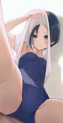 Rule 34 | 1girl, black eyes, black hair, blue one-piece swimsuit, breasts, closed mouth, commentary request, competition school swimsuit, covered navel, highres, hiroki (yyqw7151), kobayakawa rinko, lifting own clothes, looking at viewer, love plus, one-piece swimsuit, school swimsuit, short hair, sitting, small breasts, solo, swimsuit, thighs, upshirt