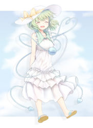 Rule 34 | 1girl, alternate costume, alternate headwear, arms behind back, blue background, breasts, closed eyes, cloud background, commentary request, dress, drop shadow, facing away, full body, hat, hat ribbon, heart, heart of string, highres, jewelry, komeiji koishi, kurenaiattack, necklace, open mouth, pendant, ribbon, sandals, see-through, sleeveless, sleeveless dress, small breasts, smile, solo, standing, sun hat, sundress, third eye, touhou, white dress, white hat, wind