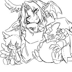 angel claws digimon digimon_(creature) dragon fallen_angel highres lucemon lucemon_falldown_mode lucemon_satan_mode monochrome sketch stuffed_toy wings