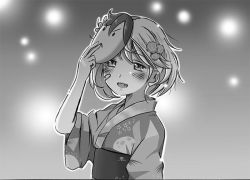 Rule 34 | 10s, 1girl, akebono (kancolle), bandage on face, bandages, blush, character mask, commentary request, fang, gradient background, greyscale, hair ornament, japanese clothes, kantai collection, kimono, mask, mask on head, monochrome, oboro (kancolle), shino (ponjiyuusu), short hair, smile, solo, sparkle, yukata