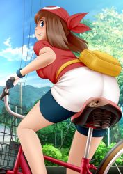 Rule 34 | 1boy, 1girl, artist request, ass, bandana, bicycle, bike shorts, blue eyes, blue sky, breasts, brown hair, cloud, creatures (company), day, fanny pack, from behind, game freak, gloves, grin, happy, hetero, highres, hip focus, jpeg artifacts, looking back, looking down, may (pokemon), medium breasts, mini person, miniboy, nintendo, outdoors, pokemon, pokemon rse, power lines, red headwear, red shirt, riding, shirt, short sleeves, sideways mouth, sitting, sky, smile, solo focus, source request, teeth, tree, white gloves, x-ray
