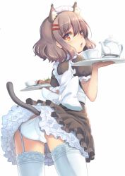 Rule 34 | 1girl, animal ears, ass, bad id, bad pixiv id, blush, brown hair, cat ears, cat tail, colored eyelashes, cowboy shot, cup, from behind, garter straps, hair ornament, hairclip, looking at viewer, looking back, maid, maid headdress, miya (tokumei), open mouth, original, panties, pantyshot, red eyes, short hair, simple background, solo, tail, teacup, teapot, thighhighs, tray, underwear, white background, white panties, white thighhighs