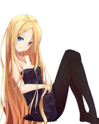 Rule 34 | 1girl, abigail williams (fate), black dress, black pantyhose, blonde hair, blue eyes, breasts, cleavage, closed mouth, collarbone, dress, fate/grand order, fate (series), feet, frilled dress, frills, from side, heterochromia, highres, hyoketu001, long hair, looking at viewer, no shoes, pantyhose, red eyes, short dress, simple background, sleeveless, sleeveless dress, small breasts, solo, straight hair, striped clothes, striped dress, very long hair, white background