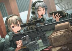 Rule 34 | 2girls, artist name, backpack, bag, binoculars, blue eyes, brown eyes, brown hair, bullet, cartridge, cellphone, collared jacket, dated, dreadtie, grey hair, gun, h&amp;k msg90, headset, holding, holding binoculars, holding gun, holding weapon, jacket, looking at phone, lying, multiple girls, on stomach, original, phone, rifle, scope, short hair, smartphone, sniper rifle, tactical clothes, weapon, weapon request