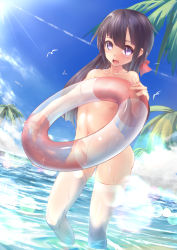 Rule 34 | 1girl, aoi lavender, bad id, bad pixiv id, blush, breasts, brown hair, collarbone, convenient censoring, day, gluteal fold, hair ornament, highres, inazuma (warship girls r), innertube, long hair, looking at viewer, nipples, nude, nudist, palm tree, purple eyes, see-through, small breasts, solo, swim ring, thighhighs, tree, wading, warship girls r, water, wet, white thighhighs