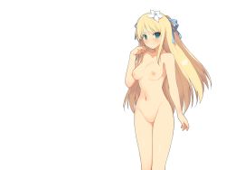 Rule 34 | 1girl, blonde hair, blush, breasts, censored, character request, evenicle, female focus, game cg, green eyes, large breasts, legs, long hair, looking at viewer, navel, nipples, no pussy, nude, simple background, smile, solo, standing, thighs, yaegashi nan