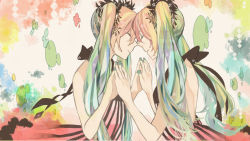 Rule 34 | 2girls, anbivarens, bare back, bare shoulders, clone, dress, closed eyes, face-to-face, forehead-to-forehead, hatsune miku, heads together, highres, long hair, multicolored hair, multiple girls, nail polish, symmetrical hand pose, twintails, very long hair, vocaloid