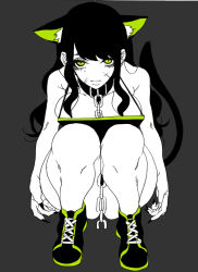 Rule 34 | 1girl, animal ears, bad id, bad pixiv id, bdsm, breasts, cat ears, cat tail, chain, collar, fingernails, full body, grey background, hohehohe, large breasts, looking at viewer, original, scar, sharp fingernails, shoes, simple background, sneakers, solo, squatting, tail, yellow eyes