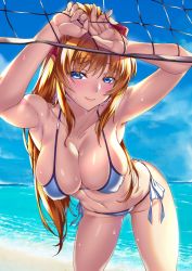 Rule 34 | 1girl, armpits, bad id, bad pixiv id, beach, bikini, blonde hair, blue bikini, blue eyes, blush, breasts, cleavage, covered erect nipples, day, highres, hip focus, large breasts, light smile, long hair, looking at viewer, navel, original, outdoors, ponytail, shirokuma a, smile, solo, sweat, swimsuit, thighs, very long hair, volleyball net, water