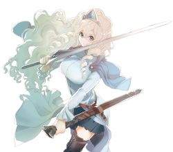 Rule 34 | &gt;:(, 1girl, 2020, blonde hair, blue eyes, blue skirt, breasts, capelet, character request, closed mouth, crossdraw holster, curly hair, drill hair, frilled sleeves, frills, hair between eyes, highres, holding, holding sheath, holding sword, holding weapon, holster, katamichi yuusha, large breasts, long hair, looking at viewer, mandarin collar, miniskirt, multicolored eyes, pleated skirt, ringlets, sheath, sidelocks, silversecond, simple background, skirt, solo, sword, thighhighs, tiara, tukasac, weapon, white background, zettai ryouiki