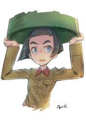 Rule 34 | 1girl, arms up, artist name, black eyes, black hair, blunt bangs, blunt ends, bob cut, brown jacket, chi-hatan military uniform, commentary, cropped torso, girls und panzer, highres, holding, jacket, kuroneko douji, long sleeves, looking at viewer, military, military uniform, open mouth, short hair, signature, simple background, sketch, solo, uenishi chiyoko, uniform, white background