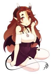 Rule 34 | 1girl, bare shoulders, big hair, blush stickers, breasts, bright pupils, brown eyes, brown hair, choker, commentary, commission, demon girl, demon horns, demon tail, demon wings, english commentary, freckles, full body, halphelt, hand up, high-waist skirt, highres, horns, jewelry, long hair, looking at viewer, medium breasts, mini wings, necklace, off-shoulder shirt, off shoulder, original, pale skin, pentacle, pleated skirt, purple skirt, red skirt, seiza, shirt, simple background, sitting, skirt, smile, solo, tail, tears, thighhighs, white background, white pupils, white shirt, white thighhighs, wings