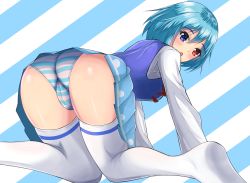 Rule 34 | 1girl, all fours, artist request, ass, blue eyes, blue hair, blush, cameltoe, from behind, heterochromia, highres, looking at viewer, looking back, open mouth, panties, red eyes, shiny skin, short hair, skirt, solo, striped clothes, striped panties, tatara kogasa, thighhighs, touhou, underwear, upskirt, white thighhighs