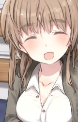 Rule 34 | 1girl, ^ ^, blush, breasts, cleavage, dress shirt, eyebrows, closed eyes, hair down, jacket, light brown hair, long hair, lowres, lynette bishop, open mouth, shimada fumikane, shirt, smile, solo, strike witches, world witches series