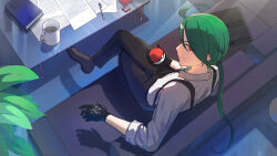 Rule 34 | 1girl, bag, black gloves, black pants, book, closed mouth, collared shirt, commentary request, couch, creatures (company), crossed legs, cup, from above, game freak, glass table, gloves, green hair, grey shirt, highres, holding, holding poke ball, ichi monbe, indoors, long hair, mug, nintendo, pants, paper, poke ball, poke ball (basic), pokemon, pokemon sv, red eyes, rika (pokemon), shirt, shoes, sitting, smile, solo, suspenders, table, unworn bag