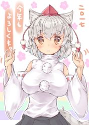Rule 34 | 1girl, 2017, animal ears, bare shoulders, breasts, detached sleeves, hair between eyes, hat, inubashiri momiji, large breasts, looking at viewer, onomiya, solo, tail, tokin hat, touhou, translation request, wolf ears, wolf tail