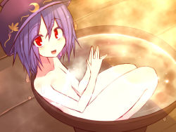Rule 34 | 1girl, :d, bowl, breasts, flat chest, in bowl, in container, kuresento, looking at viewer, no nipples, nude, object on head, open mouth, purple hair, red eyes, short hair, sitting, smile, solo, steepled fingers, sukuna shinmyoumaru, touhou, wet