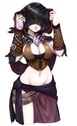 Rule 34 | 1girl, barbariank, black hair, blindfold, breasts, bustier, cleavage, commentary, cowboy shot, facing viewer, groin, hood, jewelry, large breasts, lips, midriff, navel, paladins, parted lips, ring, seris (paladins), short hair, solo, transparent background, wavy hair
