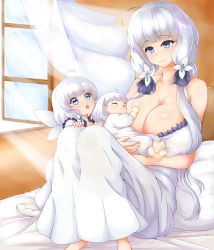 Rule 34 | 3girls, absurdres, azur lane, baby, baby carry, bare shoulders, blue eyes, breasts, carrying, cleavage, dress, fake wings, family, highres, holding baby, huge breasts, if they mated, illustrious (azur lane), indoors, little illustrious (azur lane), long hair, low twintails, mole, mole under eye, mother and child, multiple girls, sitting, twintails, white dress, white hair, wings, aged down, yuuutsu!!!