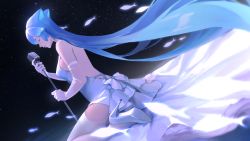 Rule 34 | 1girl, absurdres, bao (vtuber), blue hair, closed eyes, dress, dutch angle, elbow gloves, garter straps, gloves, high heels, highres, holding, holding microphone, indie virtual youtuber, kneeling, limart, long hair, microphone, pumps, shoes, solo, stiletto heels, thighhighs, virtual youtuber, white dress, white footwear, white gloves