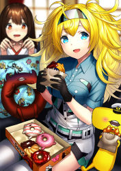 Rule 34 | 2girls, ^^^, akagi (kancolle), blonde hair, blue eyes, blue shirt, blurry, blush, breast pocket, breasts, brown eyes, brown hair, collared shirt, commentary request, depth of field, doughnut, drooling, eating, enemy lifebuoy (kancolle), food, gambier bay (kancolle), gloves, hair between eyes, hairband, hungry, japanese clothes, kantai collection, kimono, large breasts, long hair, looking at viewer, mouth drool, multicolored clothes, multicolored gloves, multiple girls, open mouth, pillow, pocket, shirt, short sleeves, shorts, sitting, straight hair, t-head admiral, thighhighs, twintails, unowen, white legwear, window