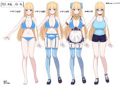 Rule 34 | 1girl, absurdres, apron, bad id, bad pixiv id, bare shoulders, bikini, bikini top only, blonde hair, blue bikini, blue eyes, blue footwear, blue garter straps, blue shorts, blue skirt, blue tank top, blush, bow, breasts, buttons, choker, cleavage, closed mouth, collarbone, detached collar, full body, glasses, hair bow, heart button, highres, large breasts, lina (michihasu), long hair, looking at viewer, michihasu, multiple views, nail polish, navel, open mouth, original, puffy short sleeves, puffy sleeves, short shorts, short sleeves, shorts, simple background, skirt, smile, striped clothes, striped thighhighs, swimsuit, tank top, thighhighs, two side up, underbust, vertical-striped clothes, vertical-striped thighhighs, waist apron, white apron, white background, yellow neckwear