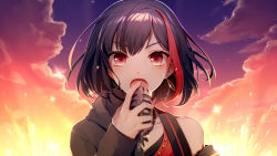 Rule 34 | 1girl, :o, asd13, bad id, bad pixiv id, bang dream!, black hair, black jacket, bob cut, chain necklace, cloud, earrings, highres, hood, hood down, hooded jacket, hoop earrings, jacket, jewelry, long sleeves, microphone, mitake ran, multicolored hair, music, necklace, off shoulder, open mouth, red eyes, red hair, short hair, singing, solo, sparkle, sparks, star (sky), streaked hair, sunset, upper body, v-shaped eyebrows