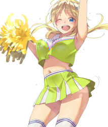 Rule 34 | 1girl, ahoge, arm up, armpits, blonde hair, blue eyes, blush, breasts, cheerleader, cowboy shot, flying sweatdrops, green shirt, green skirt, hachimiya meguru, hair ornament, hairclip, hand up, holding, holding pom poms, idolmaster, idolmaster shiny colors, kawaty, kneehighs, large breasts, long hair, looking at viewer, low twintails, midriff peek, navel, one eye closed, open mouth, pleated skirt, pom pom (cheerleading), pom poms, print shirt, shirt, simple background, skirt, sleeveless, sleeveless shirt, smile, socks, solo, teeth, twintails, upper teeth only, white background, white socks